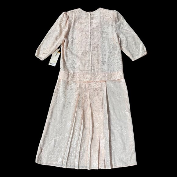 Vintage Peach Floral Dress 80s Nilani Korea Sz 8 Lace Shoulder Pads Drop Waist - Picture 3 of 9